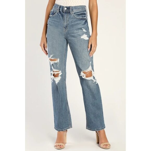 NWT Eunina Codi Distressed Medium Wash High Rise Dad Jeans Sz 7 - Picture 1 of 16
